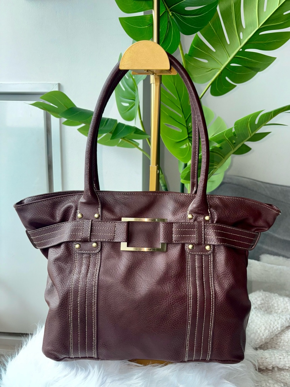 Vintage Y2K Chocolate Brown Buckle Tote Bag Autumn Fall Shoulder Bag